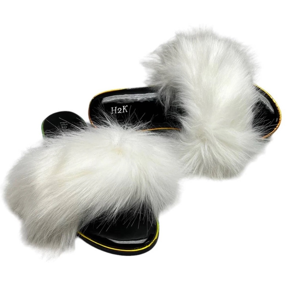 H2K Fluffy White Fur Slides Sz. 9